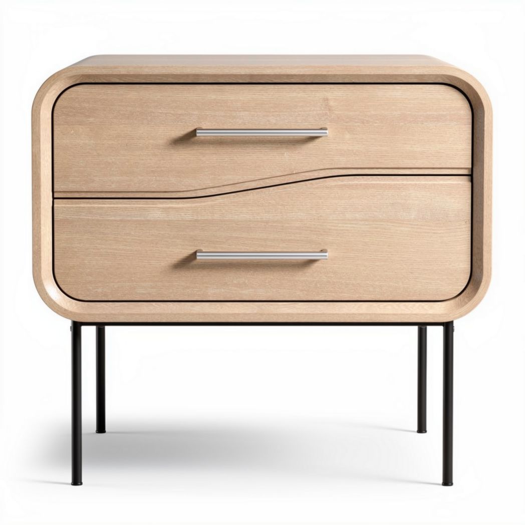 Table de chevet en bois clair avec deux tiroirs et pieds en métal 45 x 40 x 60cm