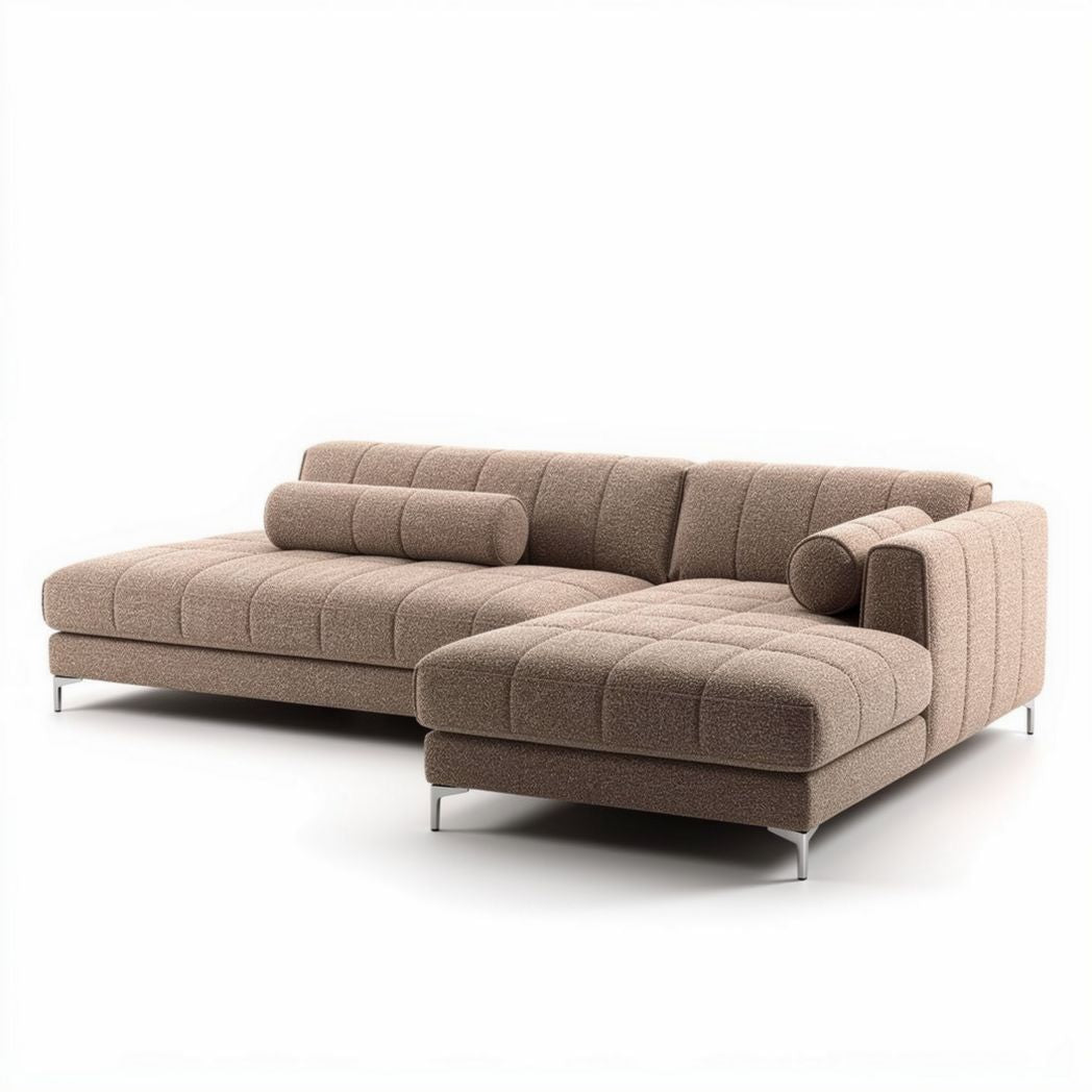 Canapé modulable beige en tissu avec repose-tête et dimensions 240 x 90 x 80cm