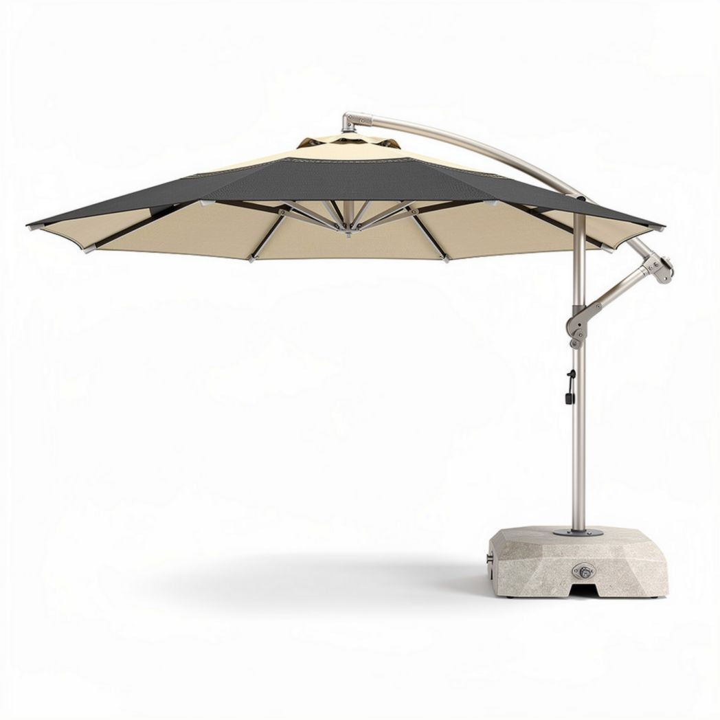 Parasol déporté en aluminium avec base en béton et toile beige 300 x 300 x 250cm