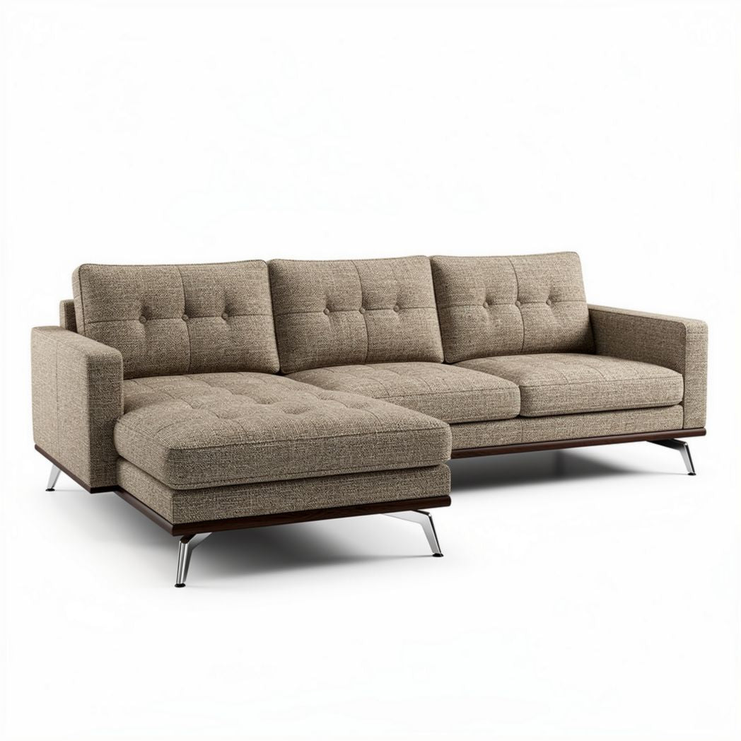 Canapé en tissu beige avec méridienne dimensions 230 x 150 x 85cm